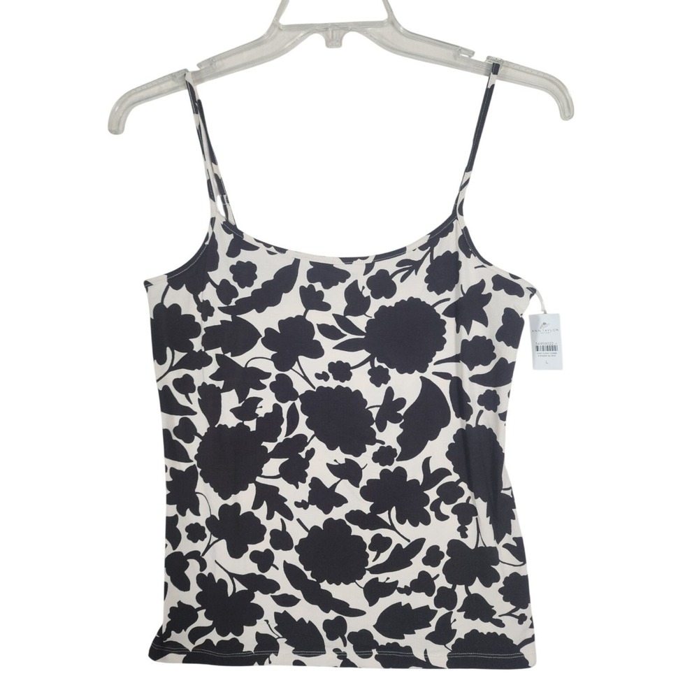 Ann Taylor Factory NWT Large Floral Cami Tank Top Black White Stretch Cotton